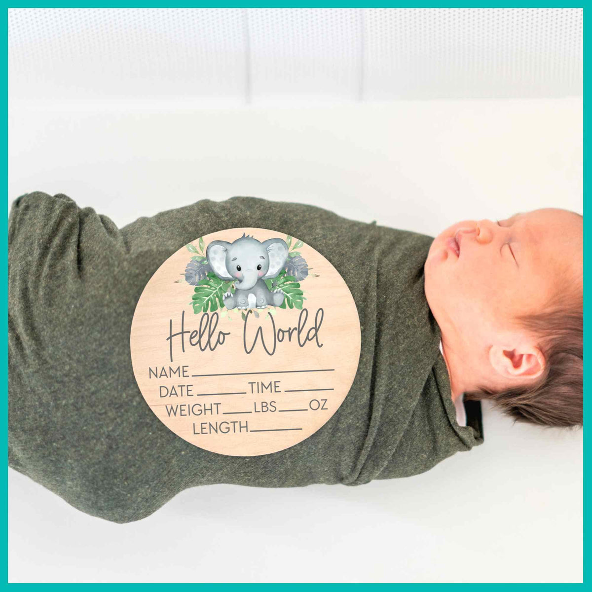 Birth Stat Sign for Newborn - Baby Name Announcement - Hello World Elephant Hospital Photography Prop - Jungle Safari Yippee Daisy