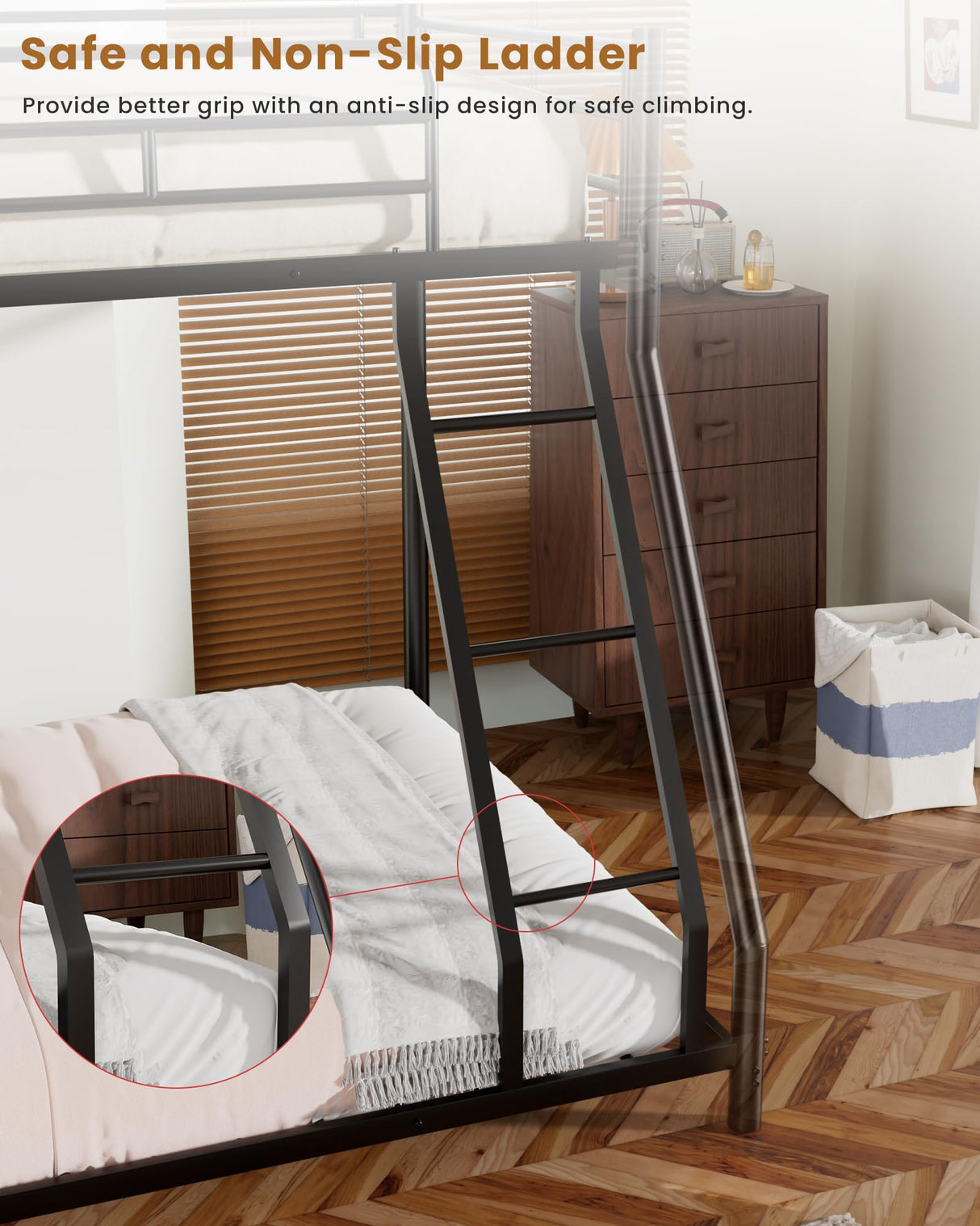 Mixcous Twin Over Full Bunk Bed for Adults & Kids, Heavy Duty Bunk Beds with EVA Padded Ladder and Full-Length Guardrails, Noise-Free Metal Bed Frame, Space-Saving Design, Black Mixcous