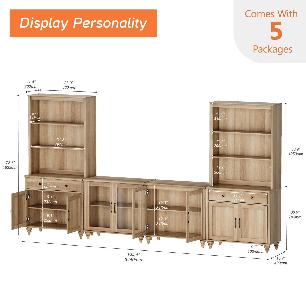 WAMPAT Entertainment Center with Bookshelves for TVs up to 75", Farmhouse Wall Unit TV Stand with Glass Doors & Drawer, Media Console Table for Living Room, Bedroom & Home Theater, Oak WAMPAT