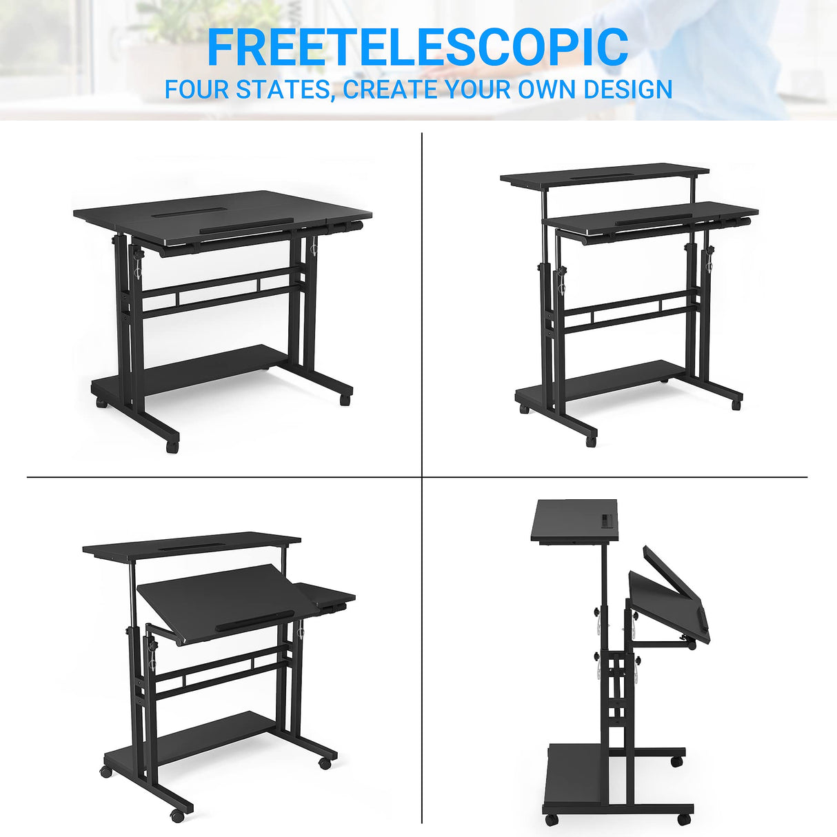 Panta Mobile Standing Desk, Adjustable Rolling Computer Desk with 3 Desktops, Portable Laptop Table with Desk Cup Holder, Home Office Laptop Workstation on Lockable Wheels, Black Panta