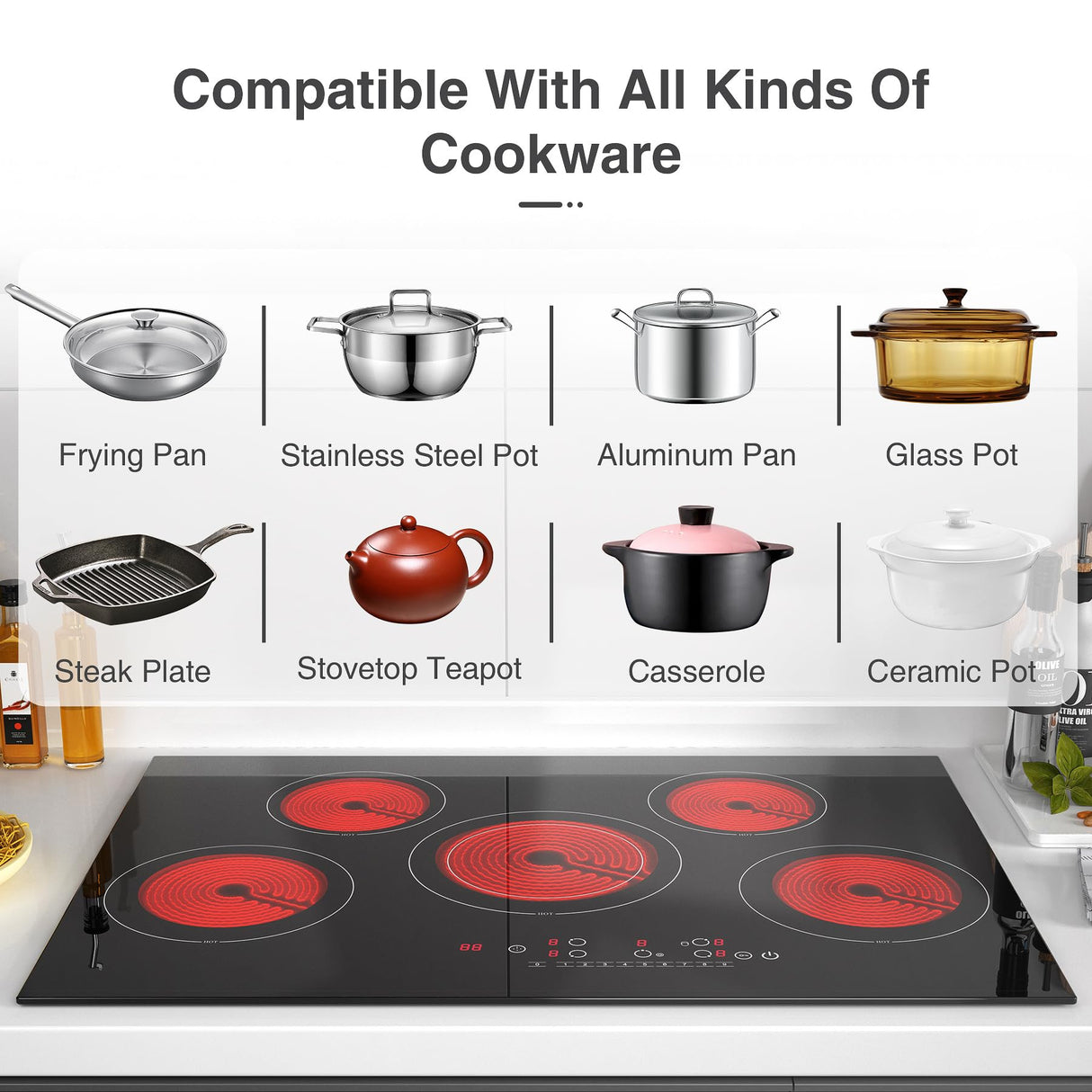 VBGK Electric cooktop 30 inch, 5 burner Electric Stove Built-in and Countertop Electric Stove Top, LED Touch Screen,9 Heating Level, Timer & Kid Safety Lock, 240V 30 inch Electric cooktop VBGK