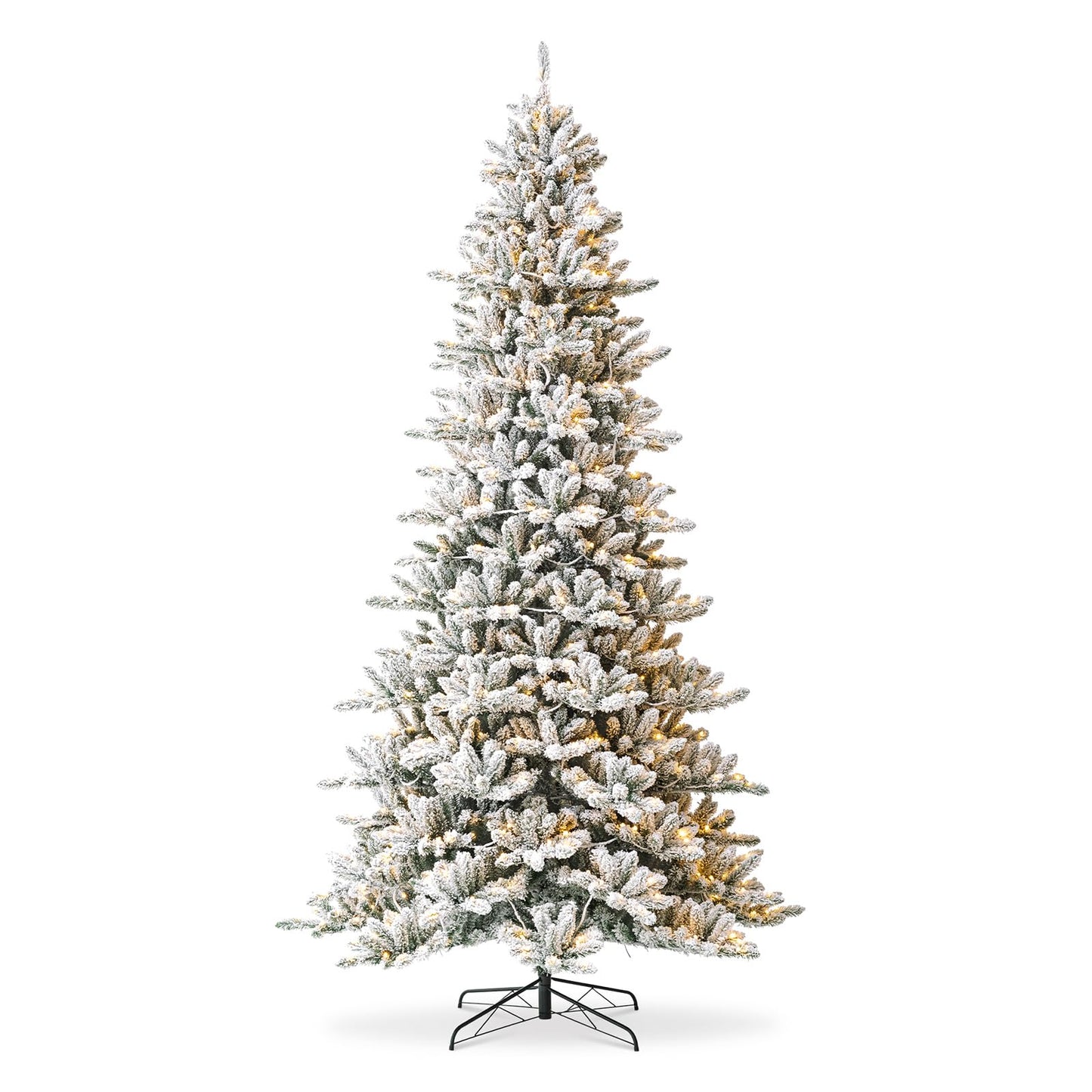 Glitzhome 10ft Pre-Lit Flocked Fir Christmas Tree, Hinged Artificial Christmas Tree with 750 Warm White Lights and Metal Base for Holiday Decoration