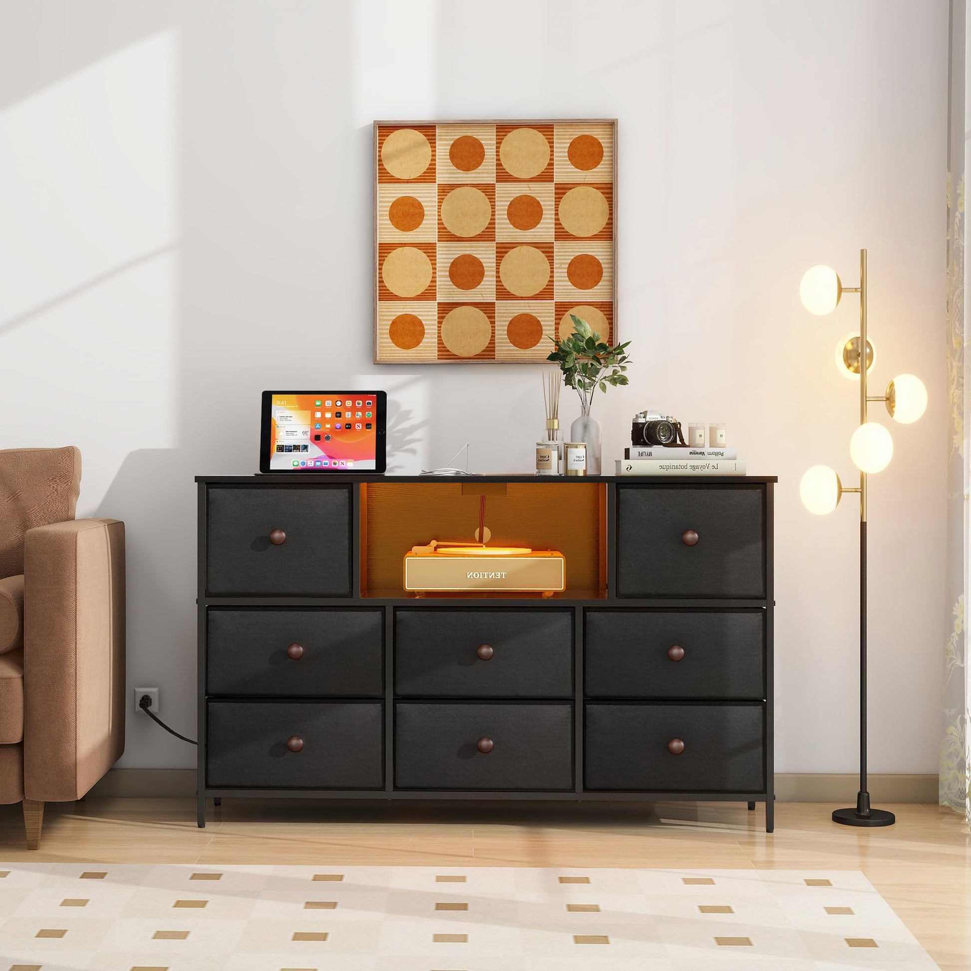 LYNCOHOME Black Dresser with Power Outlets and LED Lights, Dresser TV Stand with 8 Drawers, Fabric Chest of Drawers for Bedroom, Living Room, Entryway - WoodArtSupply