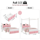 Keyluv Full LED Canopy Bed Frame with Storage Drawers and Charging Station, Four Poster Bed Frame with Upholstered Button Tufted Crown Headboard, 2 in 1 Royal Princess Pink Bed with Removable Posts Keyluv