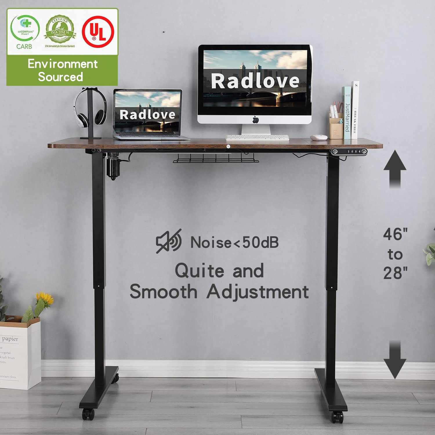 Radlove Electric Height Adjustable Standing Desk, 55'' x 30'' Stand Up Desk Workstation, Splice Board Home Office Computer Standing Table Height Adjustable Computer Desk Rustic Brown Top+Blac - WoodArtSupply