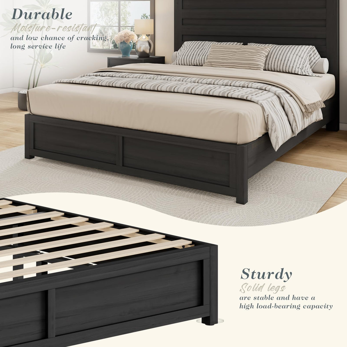 Albott Queen Size Farmhouse Bed Frame with 49" Headboard, Platform Bed Frame with Wood Slats Support/No Box Spring Needed/Easy Assembly, Black Albott