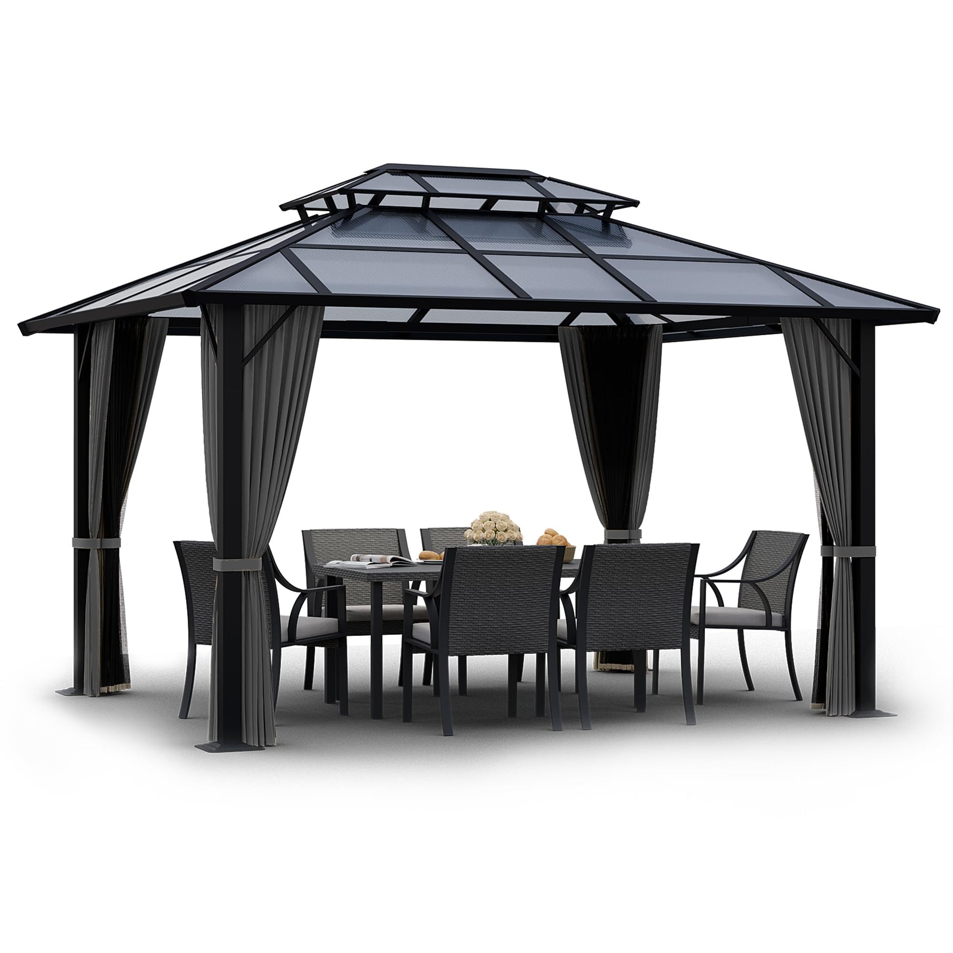 ZEPYARD Hardtop Gazebo 10x12 FT Polycarbonate Double Roof with Netting and Curtains, Metal Aluminum Outdoor Gazebo for Backyard, Patio, Deck (Grey) - WoodArtSupply