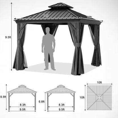 ABCCANOPY Hardtop Gazebo 10x10 - Outdoor Metal Hard Top Gazebo, Permanent Galvanized Steel Aluminum Framed Pavilion with Netting and Curtain for Patio Backyard Lawn Garden (Double Roof, Gray)