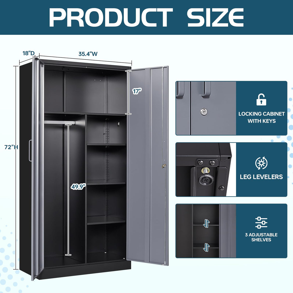 MIIIKO Metal Wardrobe Cabinet with Locking Doors, Metal Locker Armoire Closet for Clothing, 2 Door Steel Storage Cabinet with Adjustable Shelves for Bedroom, Locker Room, Home Office and Garage MIIIKO