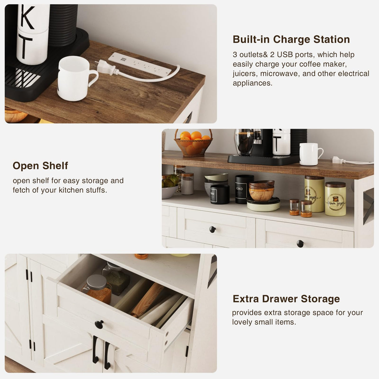 Befrases Farmhouse Buffet Cabinet with Drawers & Open Shelf, Sideboard Storage Cabinet, Kitchen Hutch Pantry, Wood Coffee Bar Station Cabinet for Kitchen, Dining Room, Hallway, 52" L White Befrases