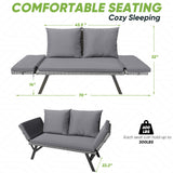 Greesum Outdoor Sofa, Woven Rattan Patio Furniture, Convertible Daybed or Double Chair with Adjustable Armrests, Cushions and Pillows for Yard, Porch, Pool, Gray Lounger & Blue Pillowcase Greesum