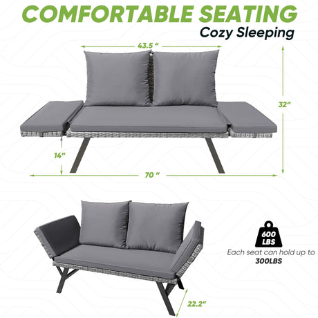 Greesum Outdoor Sofa, Woven Rattan Patio Furniture, Convertible Daybed or Double Chair with Adjustable Armrests, Cushions and Pillows for Yard, Porch, Pool, Gray Lounger & Blue Pillowcase Greesum