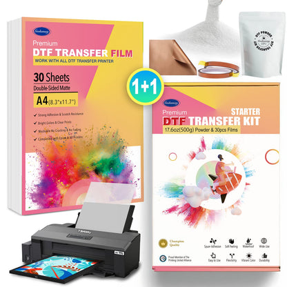 Premium DTF Kit Transfers for T-Shirts & Apparel with 17.6oz Transfer Powder & 30pcs A4 Transfer Paper, Eco-Friendly Materials Vivid Color, for Any Sublimation Printer, Ideas on T-Shirts, Starter Kit