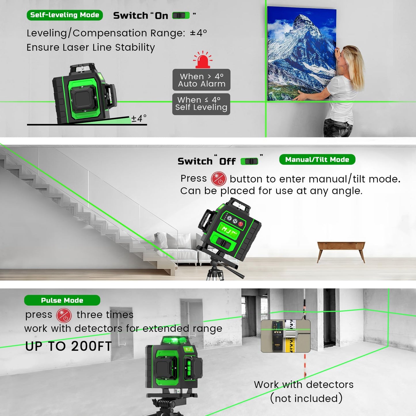 MJF Laser Level, 16 Green Cross Line, Pocket Size, 4D Lasers with Rechargeable Long-Lasting Battery, High Accuracy Nivel Level, with Self-leveling, Ideal for Construction and Home Décor - WoodArtSupply