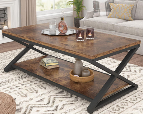 HSH Rustic Coffee Table with Storage Shelf, Industrial Metal Wood Living Room Table, Farmhouse Minimalist Rectangle Center Table, Vintage Simple 2 Tier Cocktail Table Tea Table, Rustic Brown, 47 Inch HSH