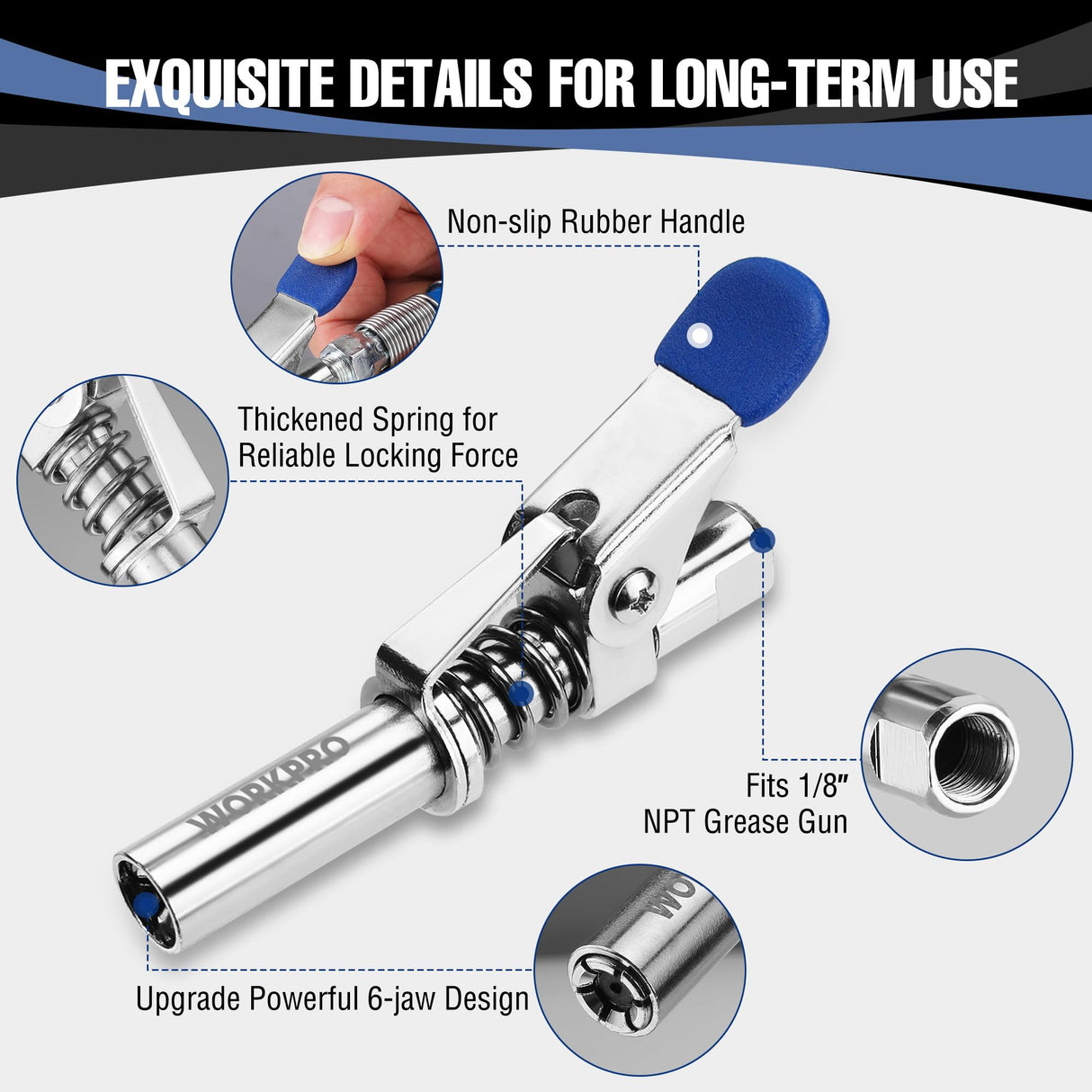 WORKPRO Grease Gun Coupler Set, Quick Release Grease Gun Coupler with Grease Gun Needle Tip and 12” Grease Gun Hose, 10000PSI Strong Lock onto Zerk Compatible with 1/8" NPT Fittings WORKPRO