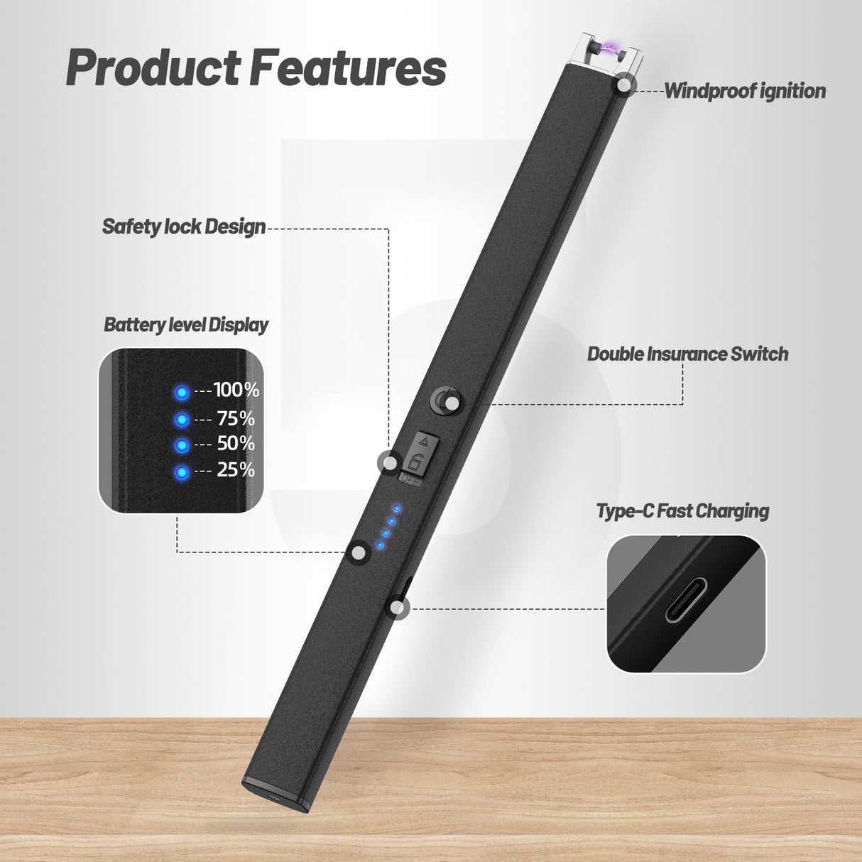 VEHHE Candle Lighter, Windproof Pulse Electric Lighter with Anti-False-Touch Lock, USB Type-C Extended Rechargeable Lighter with Led Display, lighters for Candle BBQ Camping Festivals-Black VEHHE