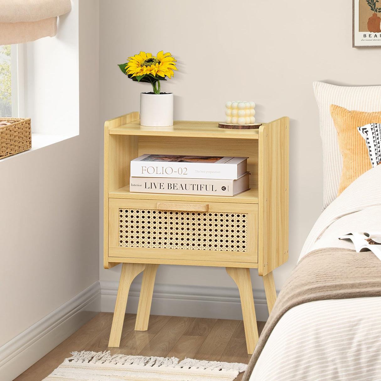 Lerliuo Rattan Nightstand, Boho Night Stand with Handmade Natural Rattan Drawer and Open Shelf, Cane Accent Side Table, End Tables with Solid Wood Legs for Bedroom, Dorm and Small Spaces Lerliuo