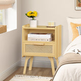 Lerliuo Rattan Nightstand, Boho Night Stand with Handmade Natural Rattan Drawer and Open Shelf, Cane Accent Side Table, End Tables with Solid Wood Legs for Bedroom, Dorm and Small Spaces Lerliuo