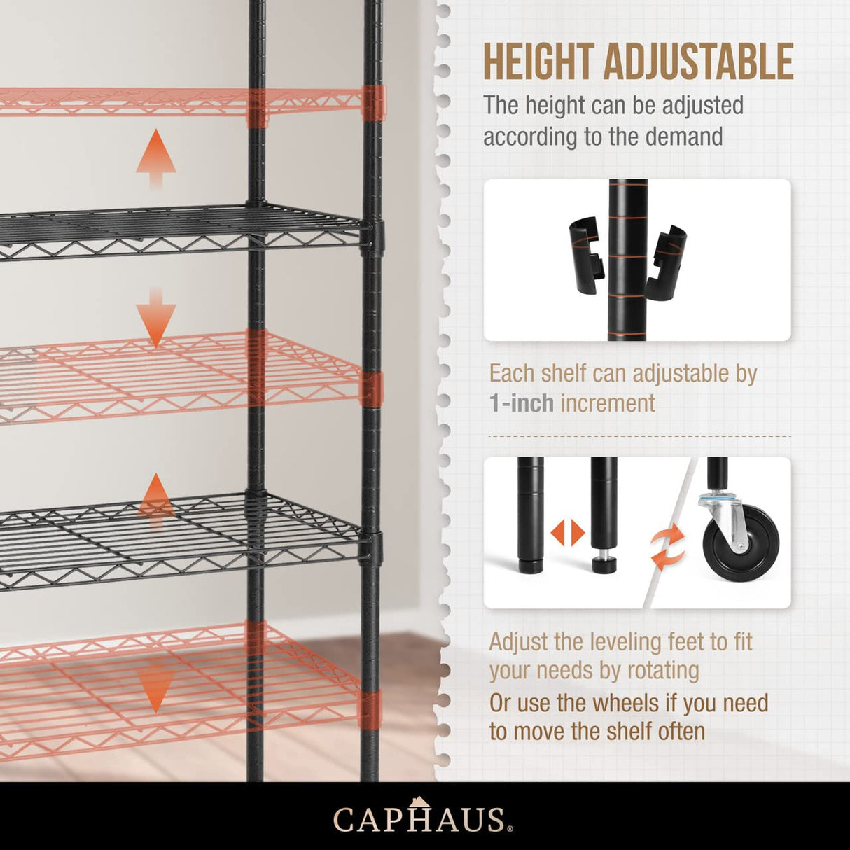 CAPHAUS NSF Commercial Grade Heavy Duty Wire Shelving w/Wheels, Leveling Feet & Liners, Storage Metal Shelf, Garage Shelving Storage, Utility Wire Rack Storage Shelves, w/Liner, 48 x 18 x 76 5-Tier CAPHAUS