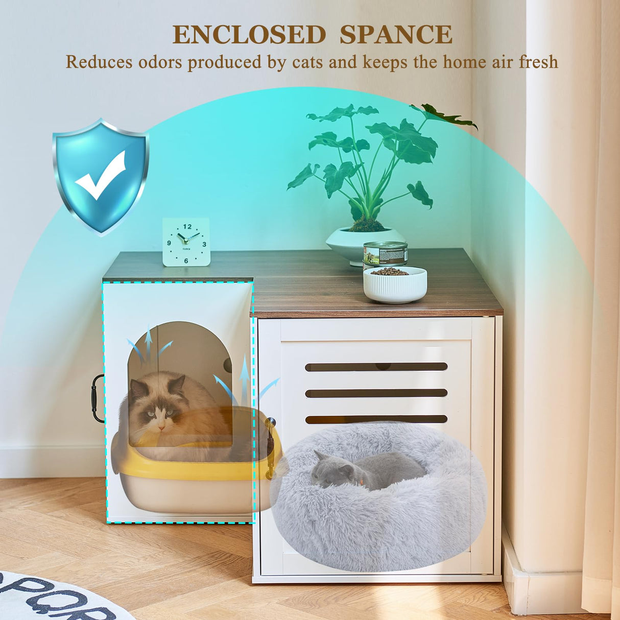 JanflyHome Corner Litter Box Enclosure for 2 Cats, Hidden Litter Box Furniture, Litter Box Cabinet with Double Room, Indoor Cat House End Table, 31.5 x 17.7 x 19.7 in, White JanflyHome