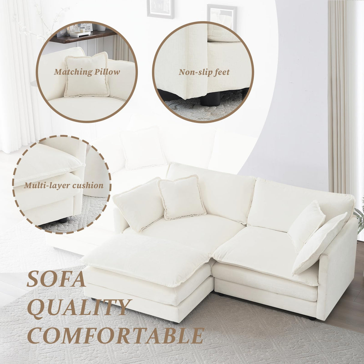 SoarFlash Chenille Sectional Sofa, Comfy L Shaped Modular Coush Sofa with Ottoman, Modern 2 Seat Couch Deep Seat Sofa Set for Living Room,White SoarFlash