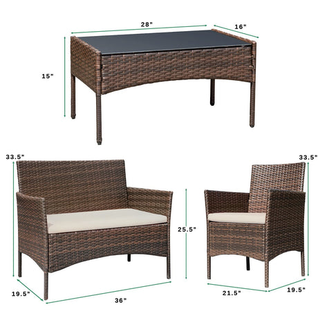 Greesum Patio Furniture 4 Pieces Conversation Sets Outdoor Wicker Rattan Chairs Garden Backyard Balcony Porch Poolside loveseat with Soft Cushion and Glass Table, Brown and Beige Greesum