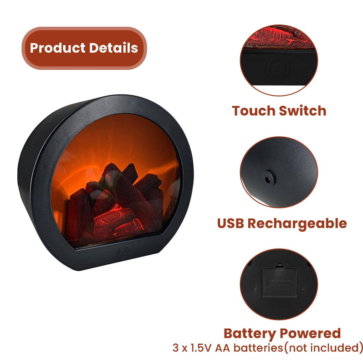 Ragyzity Decorative Flameless Portable LED Lanterns, Fireplace Light with LED Simulation Log Flame Effect, Touch Switch Simulation Flame for Home Christmas Decor Ragyzity