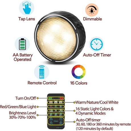 Onumii LED Puck Lights Battery Operated LED Under Cabinet Lighting Wireless Stick on Tap Lights with Remote Controll Color Changing Timer Function for Cabinets, Shelves, Closets - 6Pack White Onumii