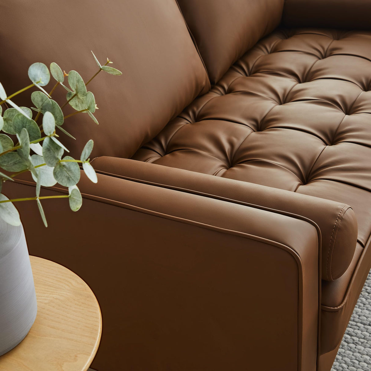 Modway Valour 62 Inch Faux Leather Loveseat in Brown – Wide Faux Leather Loveseat Sofa with Wood Legs - Small 2-Seater Sofa with Tufted Seat for Living Room or Office Modway