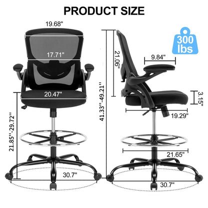 Drafting Chair, Ergonomic Standing Desk Chair with Flip-up Armrests, Tall Office Chair for Standing Desk, Counter Height Office Chairs with Footrest and Adjustable Lumbar Support - WoodArtSupply