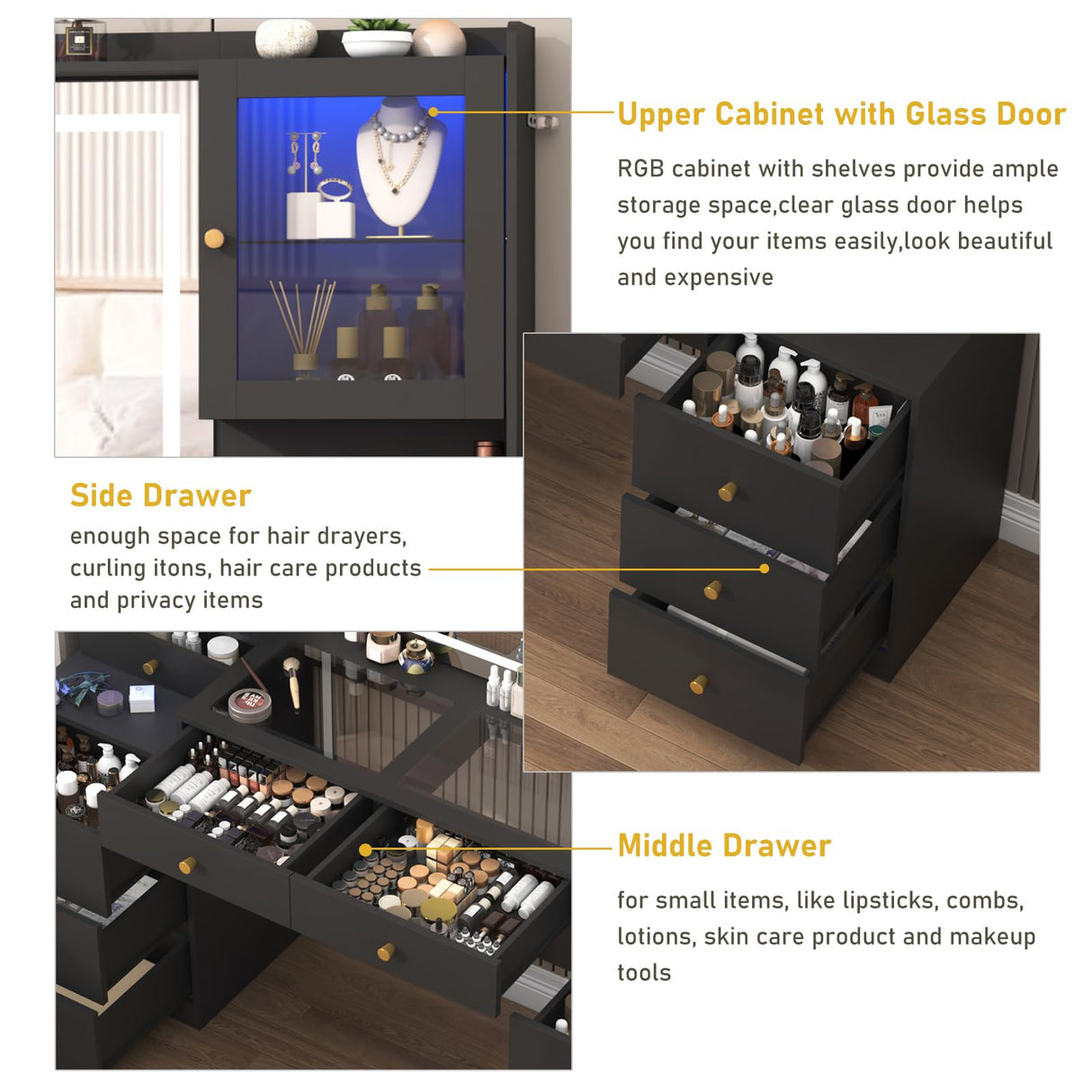 62" Large Black Vanitys Desk w/ Tempered Glass Top,60000-color LED Lights,Power Outlet, Make up Vanity w/ 3 Lights Mode LED Mirror,9 Drawers,2 RGB Cabinet LED Vanity Table for Women,Girls chartustriable