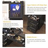 62" Large Black Vanitys Desk w/ Tempered Glass Top,60000-color LED Lights,Power Outlet, Make up Vanity w/ 3 Lights Mode LED Mirror,9 Drawers,2 RGB Cabinet LED Vanity Table for Women,Girls chartustriable