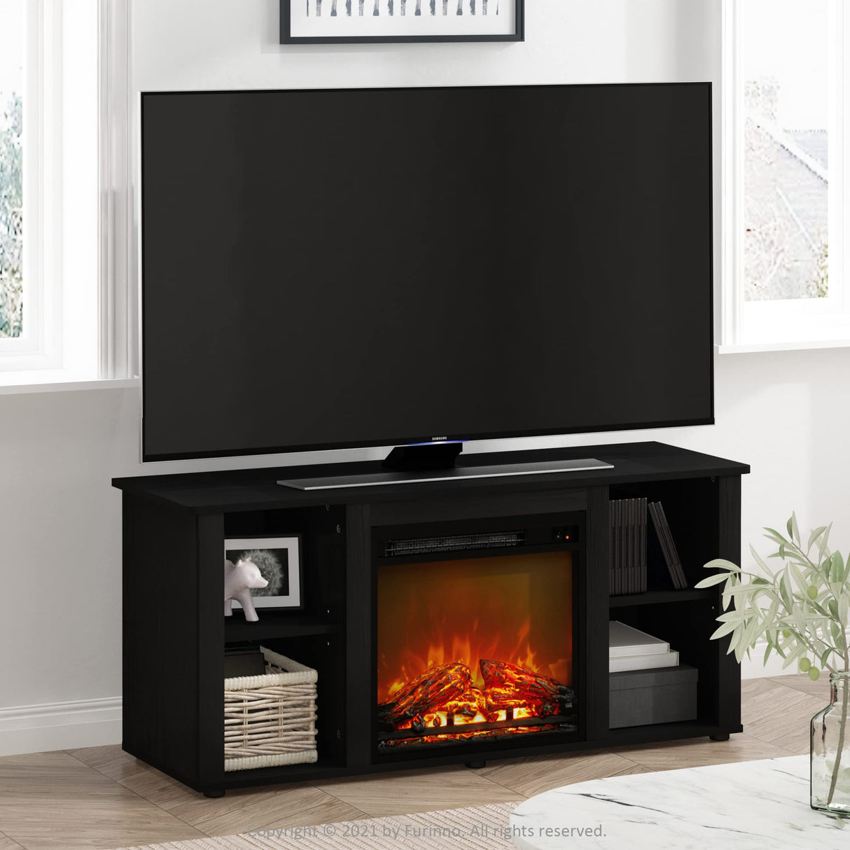 Furinno Jensen Entertainment Center Stand with Fireplace for TV up to 55 Inch, Americano, Corded Electric, Adjustable Furinno