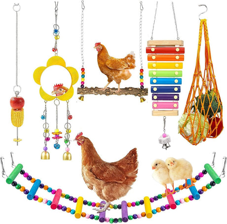 Longer Chain Chicken Toys for Coop Accessories 7PCS, Chicken Swing Ladder Perch roosts, Chicken Xylophone Mirror with Bells Vegetable Fruits Hanging Chicken Feeder for hens Bird Parrot ZLBgons