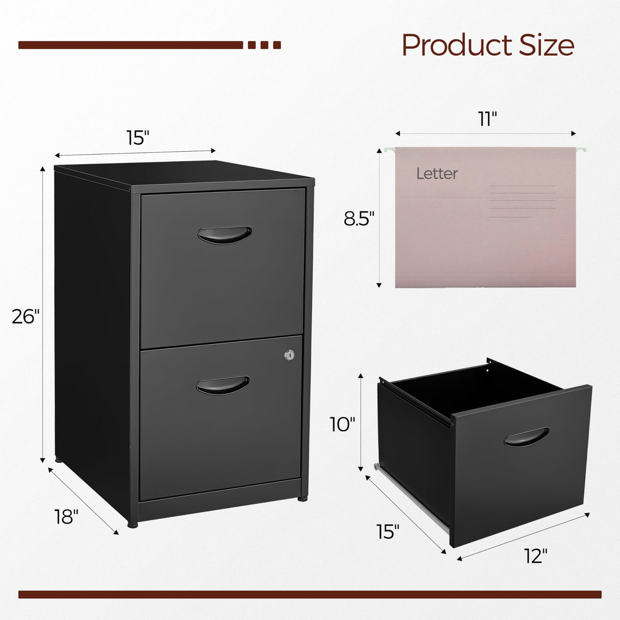Kubohogar 2 Drawer File Cabinet with Lock,Black Metal Filing Cabinets,Vertical Locking File Cabinet Fit Hanging Files, Letter,File Box and A4 Documents (Black) Kubohogar