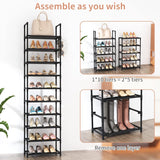 LANTEFUL 10 Tiers Tall Shoe Rack 20-25 Pairs Boots Organizer Storage Sturdy Narrow Shoe Shelf for Entryway, Closets with Hooks, Black LANTEFUL