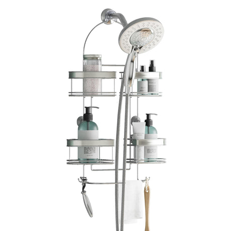 Zenna Home Rust-Resistant Hanging Shower Caddy for Handheld Shower Heads, Over the Shower Head Caddy with 2-Way Adjustable Baskets and Storage Hooks, Bathroom Hanging Organizer, Stainless Steel Zenna Home