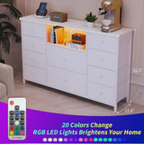 LDTTCUK Dresser with Charging Station and LED Lights, Long Dresser for Bedroom Dresser TV Stand with 10 Drawers, Fabric Chest of Drawers with PU Finish, Wide Dresser Storage Organizer, White LDTTCUK