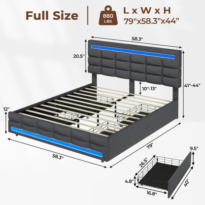 ADORNEVE Dark Grey LED Upholstered Platform Bed Frame with USB Ports and Storage Drawers - WoodArtSupply