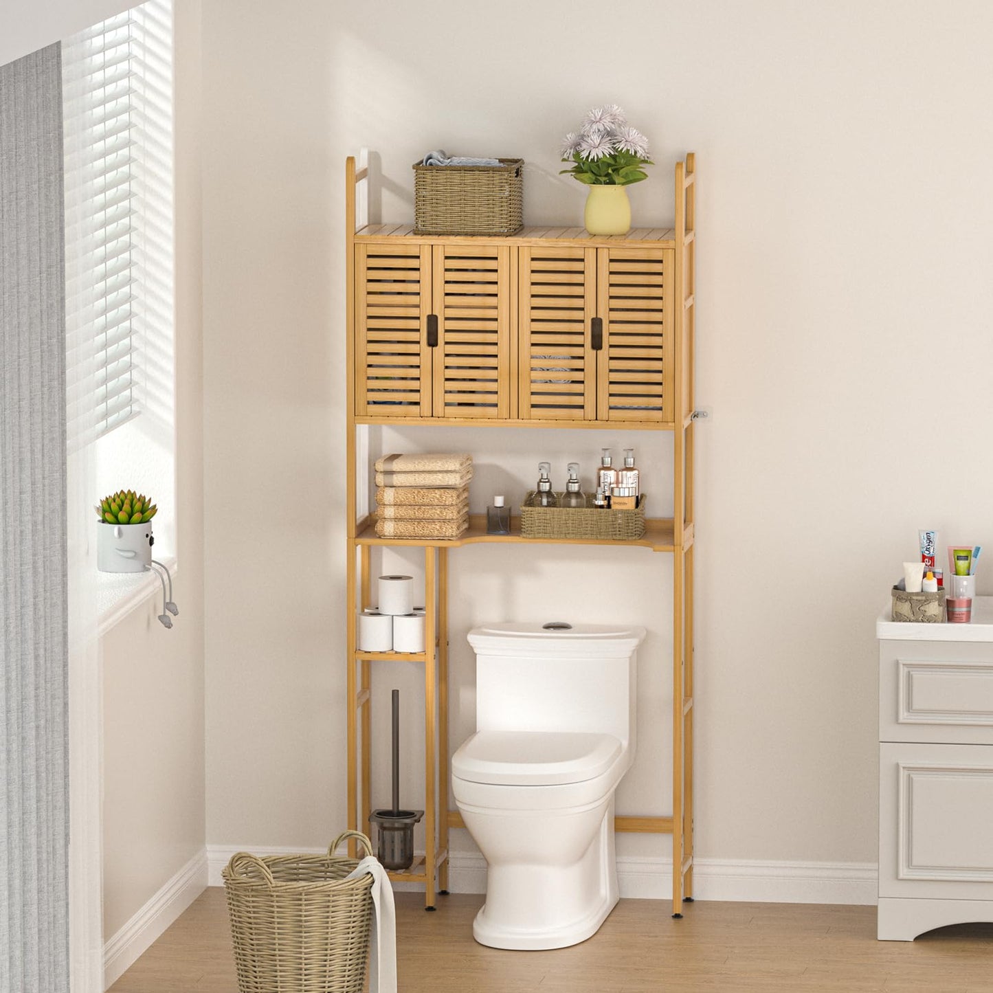 Cozivolife Bamboo Over-The-Toilet Storage Cabinet with Toilet Paper Holder and Four Doors - WoodArtSupply