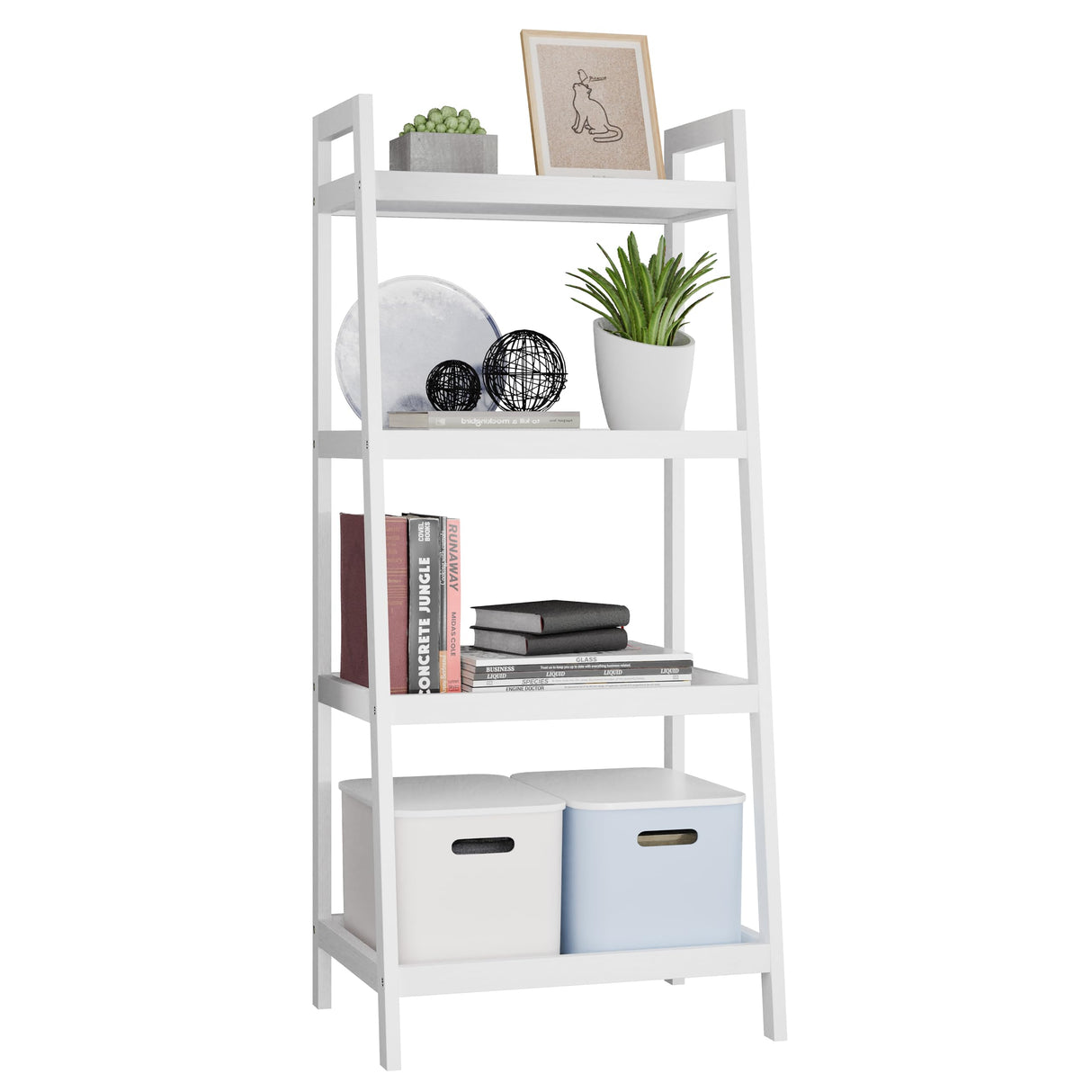 SMIBUY Ladder Shelf, 4 Tier Bamboo Bookshelf, Bathroom Storage Organizer Plant Display Stand, Freestanding Open Shelving Unit with Handles for Home Office (White) SMIBUY