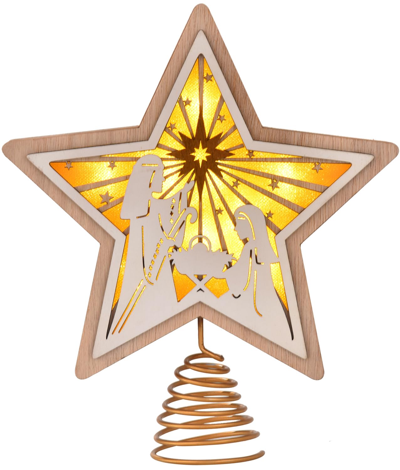 Christmas Star Tree Topper, Wooden 3D Star Glittered Hollow Plug-in Christmas Tree Topper Decoration with LED Light & 6-Hour Timer Function for Indoor Office Holiday Xmas 7.87" x 8.86" (White)