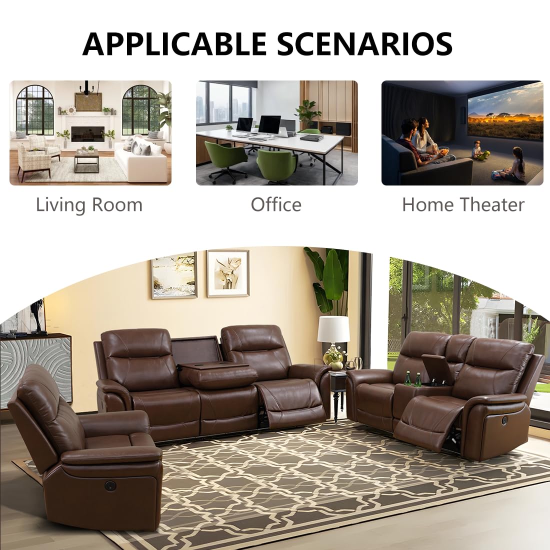Anthato Power Recliner Living Room Set, Leather Reclining Sofa Set with Coffee Table, Living Room Furniture Sets, Brown Recliner Couch with Cup Holders/Charging Port for Home Theater/Office, Brown Anthato
