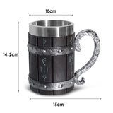 Ottalent Nordic Viking Mug,Oak Wooden Beer Stein Stainless Steel Liner,Nordic mythology Viking Runes Tankard Coffee Cup for Men Father’s Day Gift 18oz. Ottalent