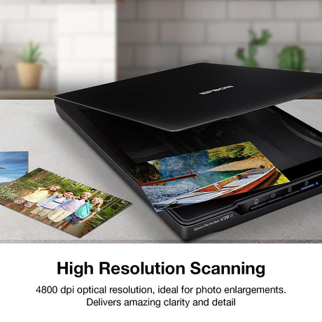Epson - Perfection V39 II - Color Photo and Document Flatbed Scanner - 4800 dpi Optical Resolution - High-Rise, Removable Lid - Scan to Cloud - USB Power - Image Scanning - Black Epson