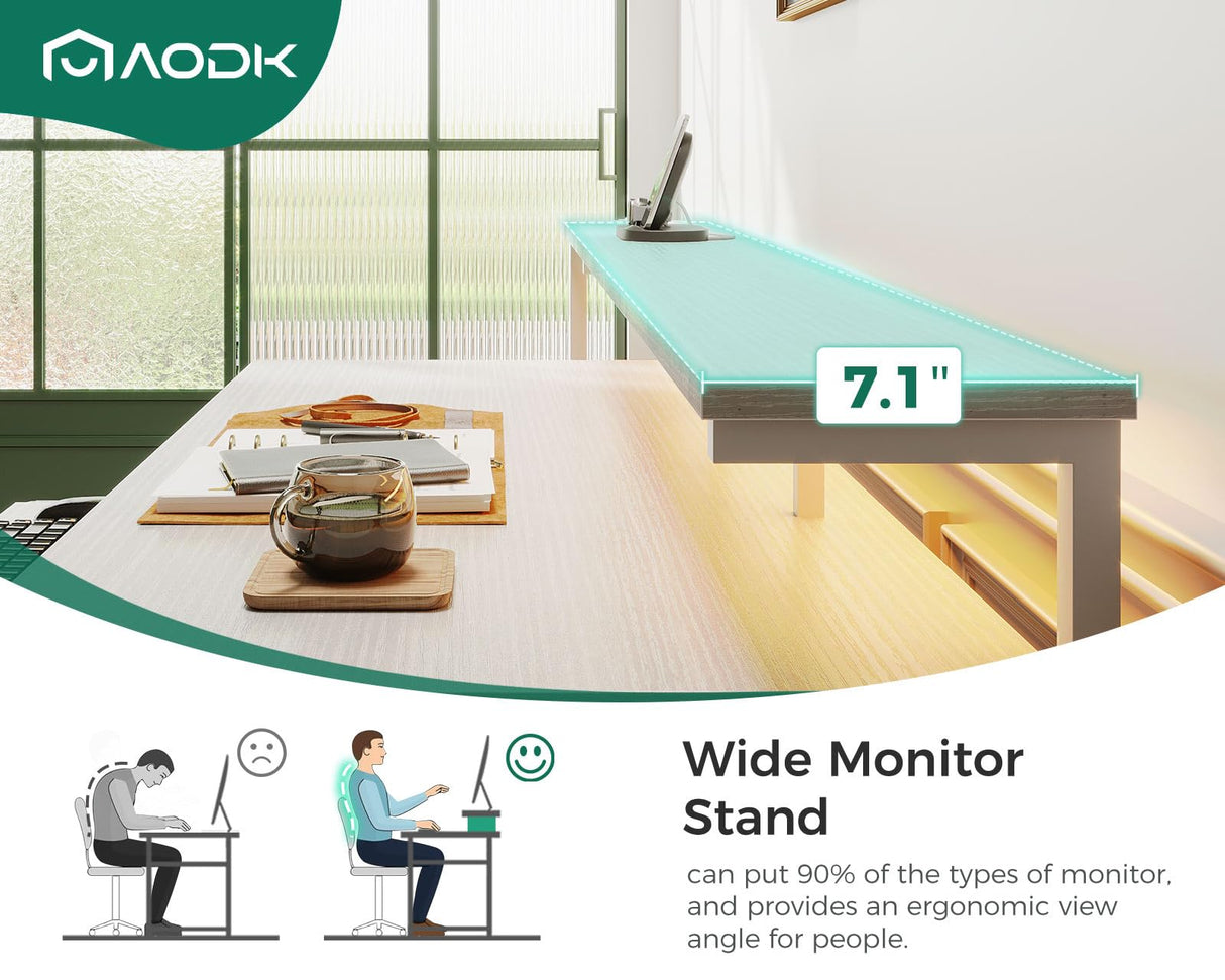 AODK 63" Computer Desk with Fabric File Cabinet and Drawer, Reversible Office Desk with Power Outlet and LED Light, Study Desk with Printer Stand, Keyboard Tray, Full Monitor Riser and PC Stand, White AODK