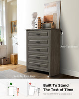 Pipishell Grey 5 Drawers Dresser Chests for Bedroom, 42.7 Inch Tall Wooden Dresser, Farmhouse Storgae Organizer with Large Drawers & Bar Handles for Bedroom, Entryway, Hallway, Grey Pipishell