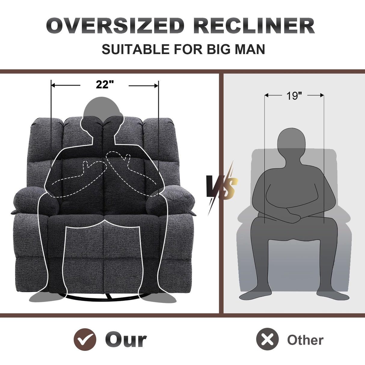 Eiayeebil Oversized Swivel Rocker Recliner Chair Set of 2 for Adult, Rock Recliner for Big Man, Extra Wide Manual Recliners, Overstuffed Soft Rocking Sofa Chair,Light Grey Eiayeebil