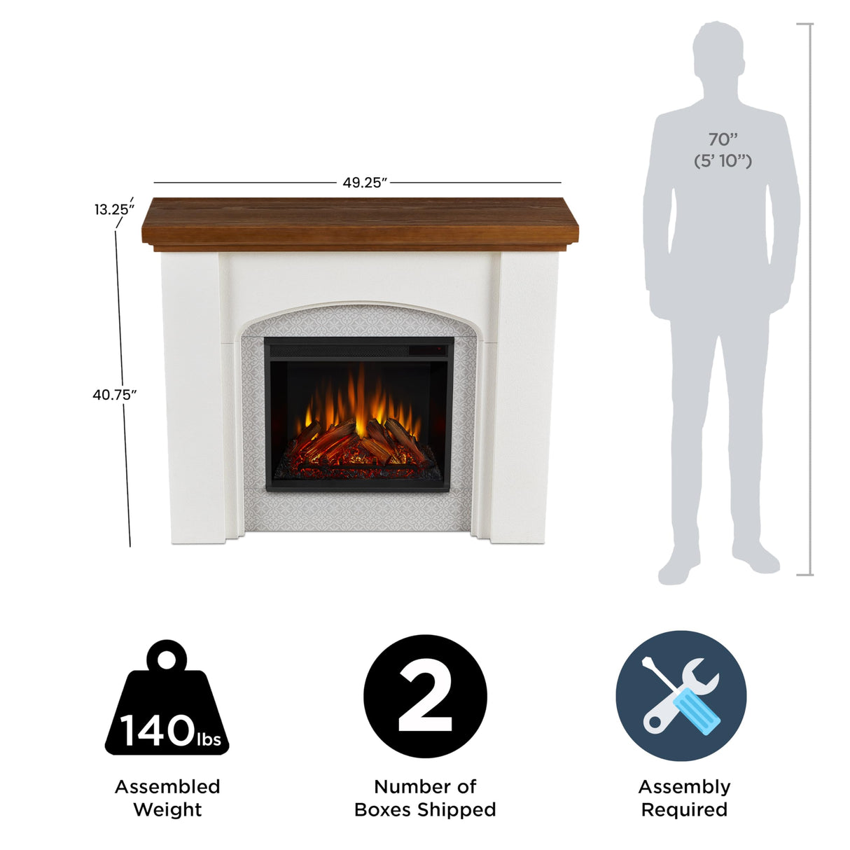 Real Flame Anika 49" Electric Fireplace with Mantel for Living Room or Bedroom, Replaceable Fireplace Insert Heater, Realistic Log and Flame Effect, Remote Control, Timer, White Real Flame